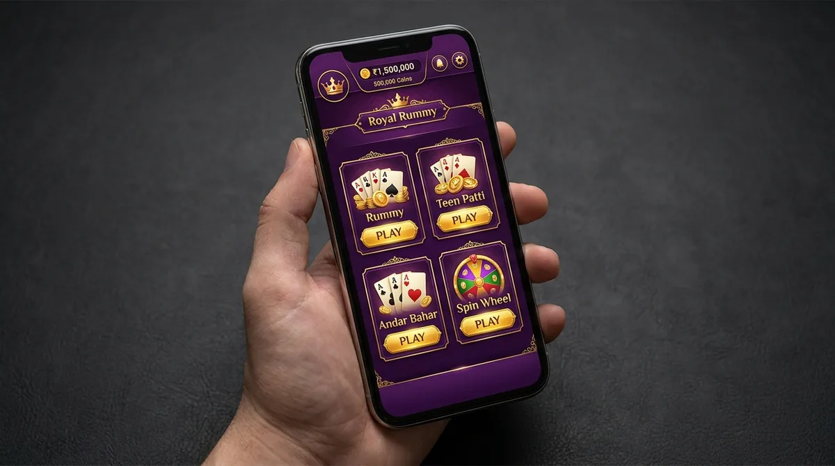Detailed layout of Rummy Regal lobby showing security markers and game modes.